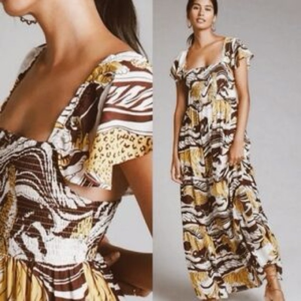 Anthropologie Ruffled Maxi Dress Yellow and Brown Animal Safari Print Size XL